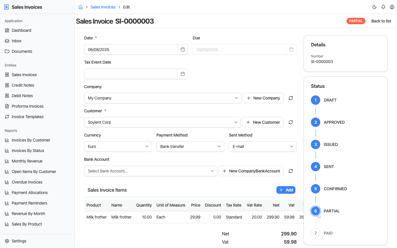 A sales invoice in BusinessIntents, with its line items, totals and the status rail from DRAFT to PAID