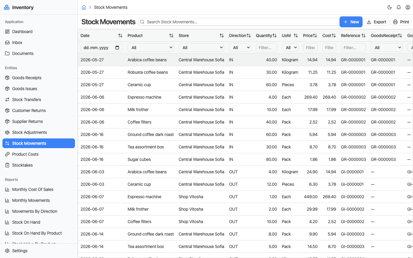The stock movements ledger in BusinessIntents, one signed movement per line with the goods receipt or issue that caused it
